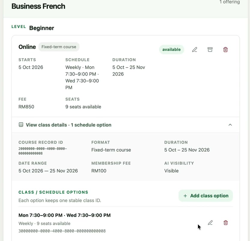 Actual Catalogue showing Business French fees, multi-day schedule and available seats in the fictional demo centre.