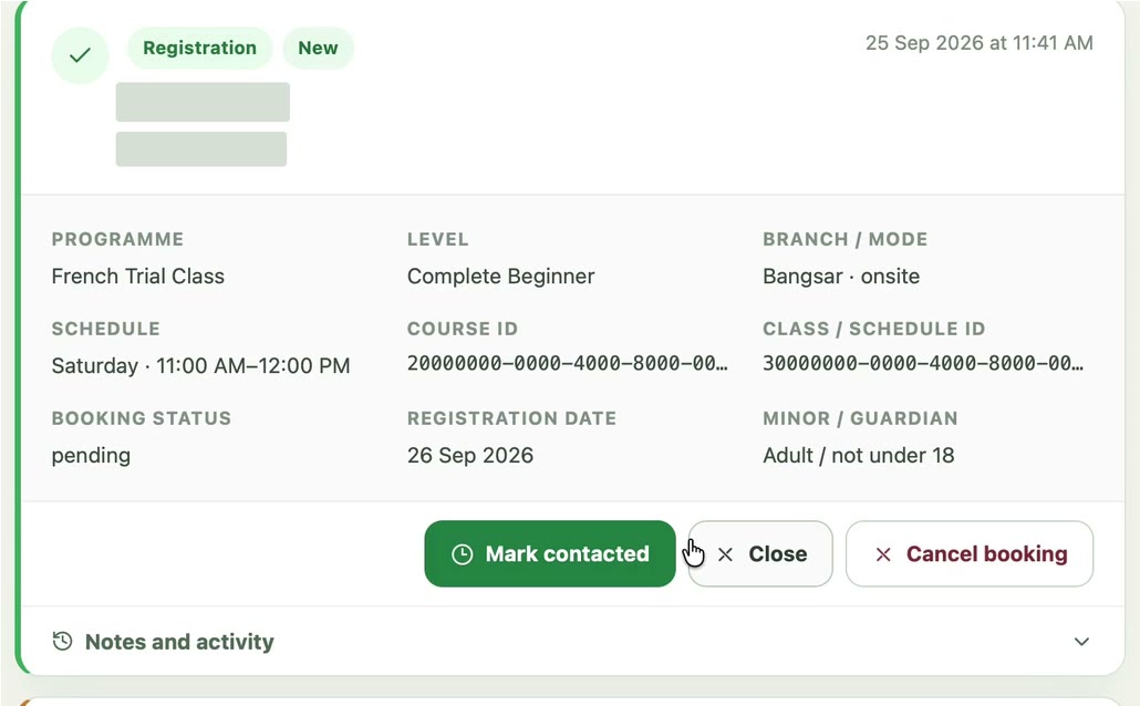 Actual Staff Inbox registration with class, branch, schedule and pending booking status; personal details hidden.