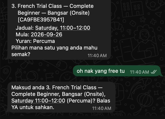 Recorded WhatsApp conversation: a customer chooses the free French trial class and LayanAI checks the selection.